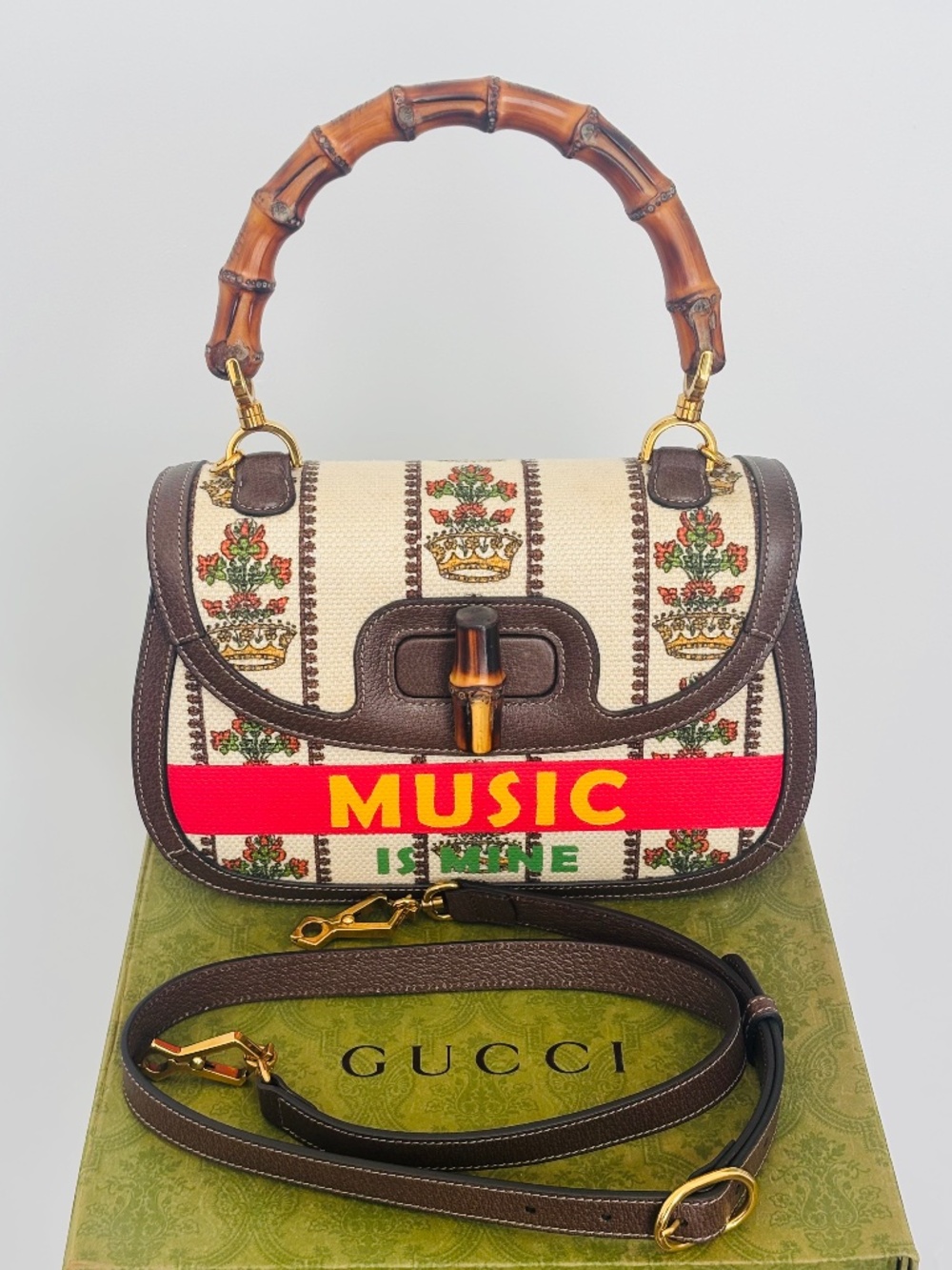 Gucci 'Music Is Mine' Bamboo Handle Top-Handle Bag in Cream & Brown